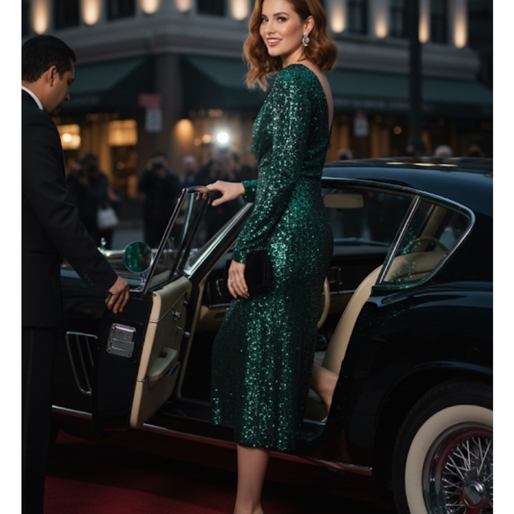 Mac Duggal Emerald Sequin Midi Dress